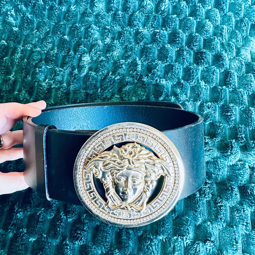 Vintage Authentic Versace Black Belt with Gold Medusa Buckle